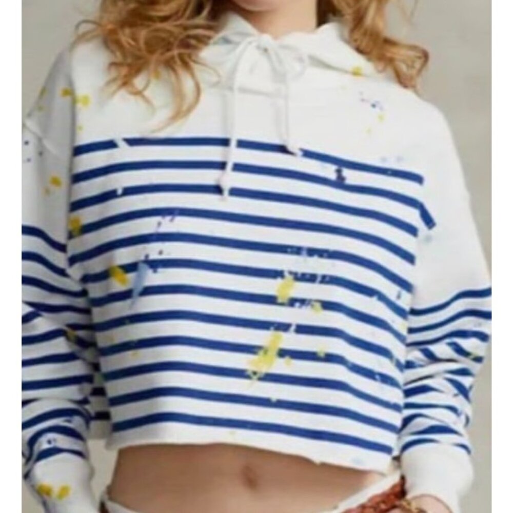 Polo Ralph Lauren Pony Paint Splatter Crop Hoodie Sweatshirt Women Size Small